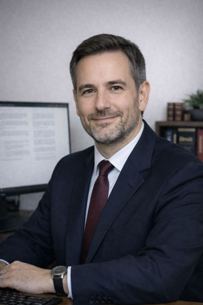 Marc Dupont, consultant senior chez AccessiWeb Conseil, en costume sombre et cravate bordeaux, assis à son bureau devant un écran de texte.