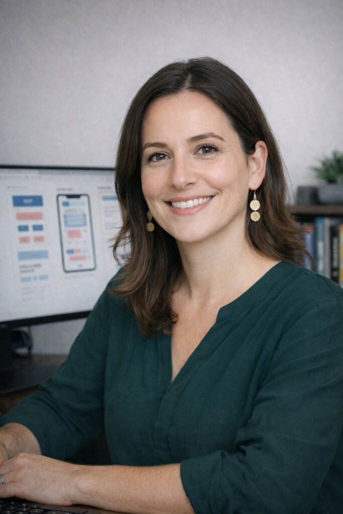 Sophie Bernard, experte UX et accessibilité chez AccessiWeb Conseil, souriante à son bureau devant un écran affichant des maquettes d'interface mobile.