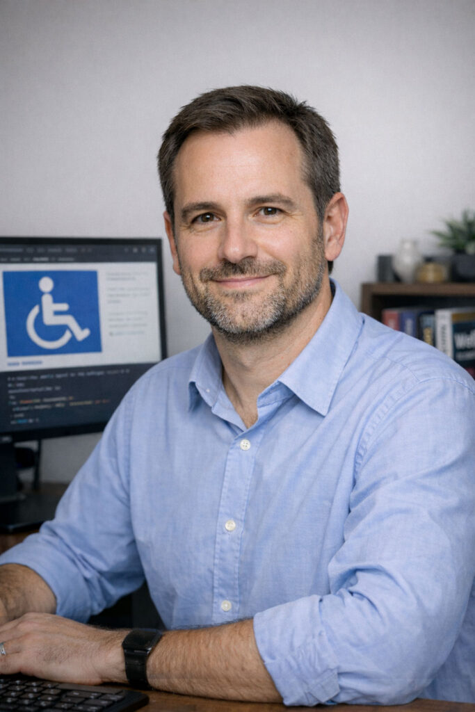 Julien Moreau, consultant en accessibilité numérique chez AccessiWeb Conseil, assis à son bureau devant un écran affichant le pictogramme d'accessibilité.